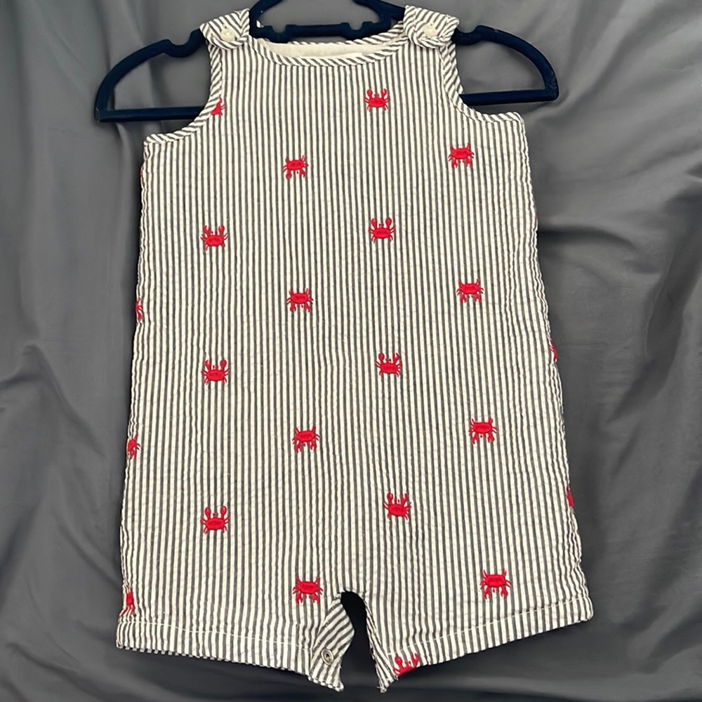 Navy and White Seersucker with Red Crabs on Front